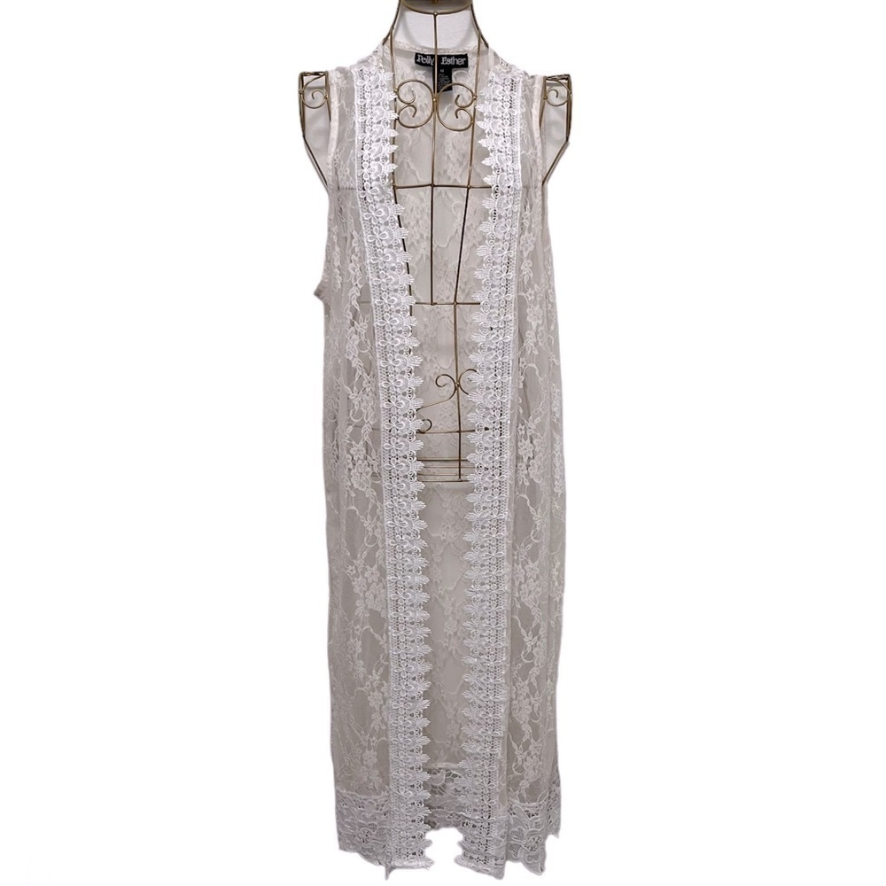 POLY & ESTHER White Y2K Lacy Sleeveless Kimono Duster Size Medium